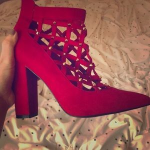 Red suede ankle boots.